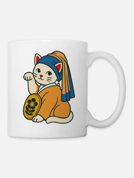 Das Kätzchen mit einem Schnurr-Ohrring – Maneki Neko - Tasse - Weiß