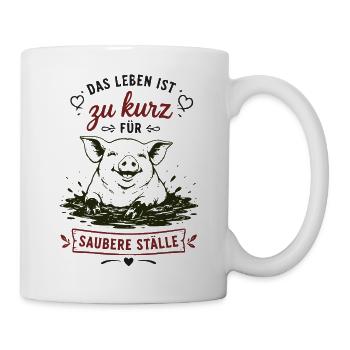 Zu kurz für saubere Ställe – Schwein im Schlamm - Tasse - Weiß - Rechts