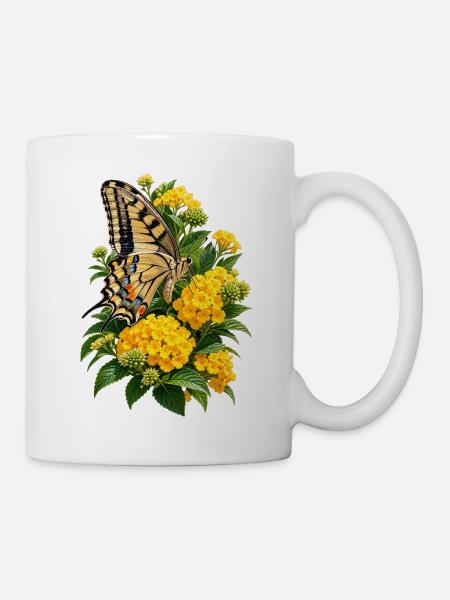 Schmetterlinge und gelbe Blüten - Tasse - Weiß