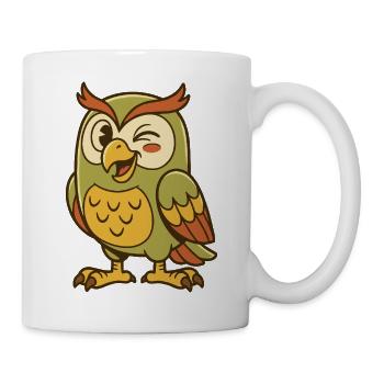 Süße Cartoon-Eule zwinkert mit einem glücklichen Gesichtsausdruck - Tasse - Weiß - Rechts