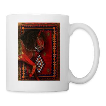 Rotes Pferd auf geometrischem Teppich - Tasse - Weiß - Rechts