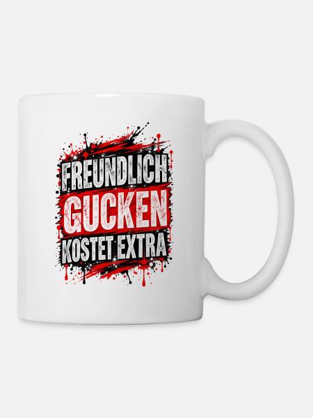 Freundlich gucken kostet extra – Fun Shirt - Tasse - Weiß