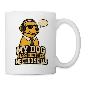 Hund mit Headset – lustiger Meeting Spruch - Tasse - Weiß - Rechts