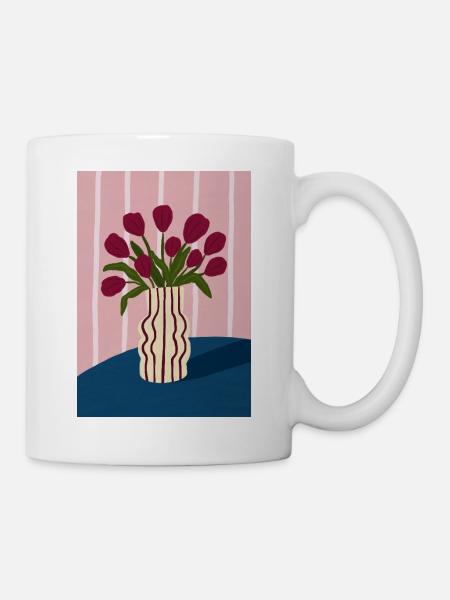 Tulpenstrauß in gestreifter Vase - Tasse - Weiß