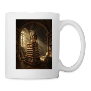 Eule oben auf dem Stapel der antiken Bibliothek - Tasse - Weiß - Rechts