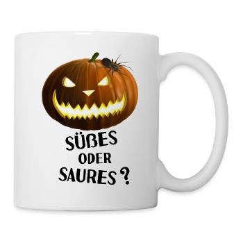 Süßes oder Saures - Kürbis mit Spinne - Tasse - Weiß - Rechts