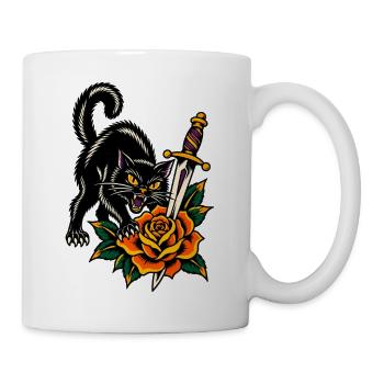 Schwarze Katze mit Dolch und Rose – Tattoo - Tasse - Weiß - Rechts