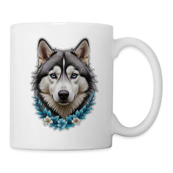 Eisblauer Husky Kopf mit Blumenrahmen - Tasse - Weiß - Rechts