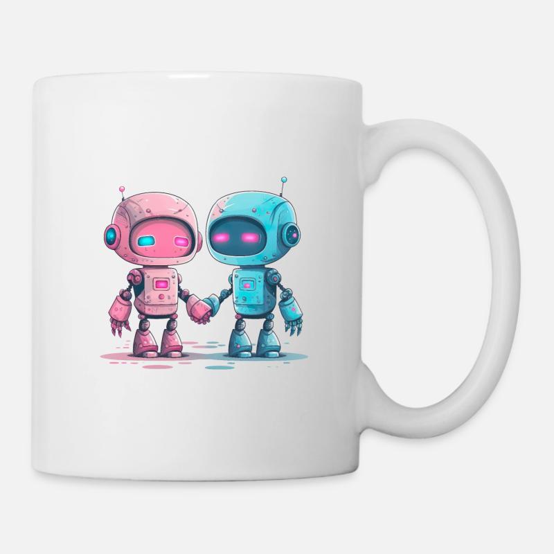 Les robots mignons se tiennent la main Amour de la Saint-Valentin - Mug blanc - blanc