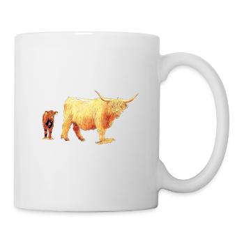 Schottisches Hochlandrind mit Kalb - Tasse - Weiß - Rechts
