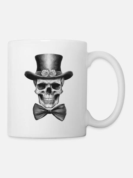 Totenkopf Zylinder Hut Fliege JGA Totenschädel - Tasse - Weiß