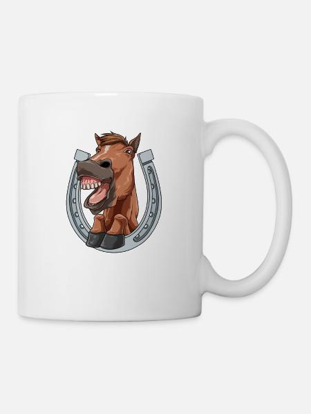 Cheval rit et montre des dents avec un fer à cheval - Mug blanc - blanc