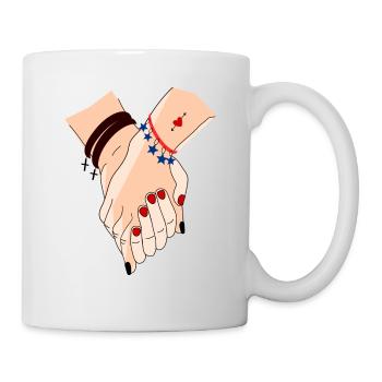Hände ineinander verschlungen, um zusammen zu sein - Tasse - Weiß - Rechts