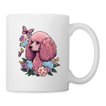 Rosa Pudel mit Blumen, Schmetterlingen, Retro Stil - Tasse - Weiß - Rechts