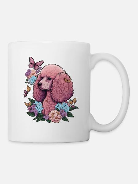 Rosa Pudel mit Blumen, Schmetterlingen, Retro Stil - Tasse - Weiß