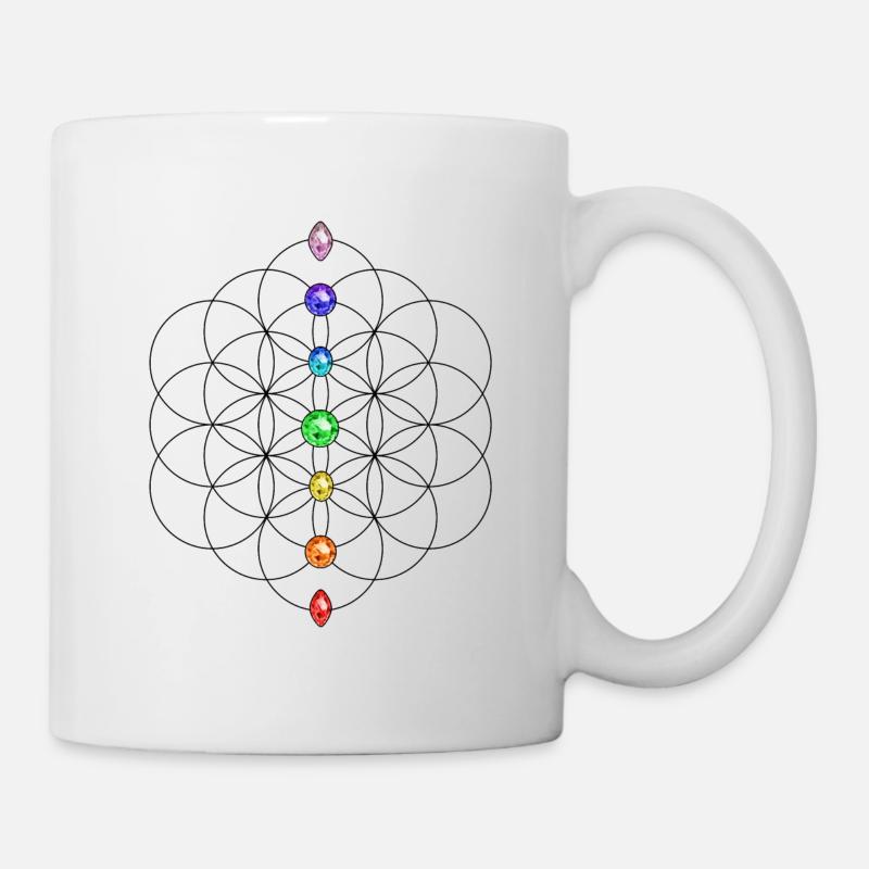 Blume des Lebens mit Regenbogen Chakren - Tasse - Weiß