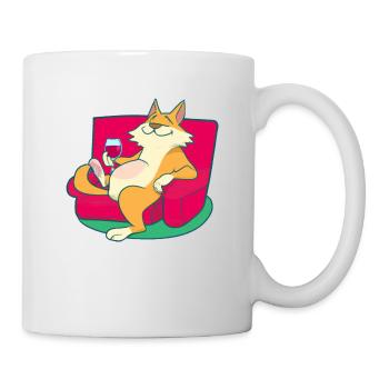 Glückliche Katze trinkt Wein - Tasse - Weiß - Rechts