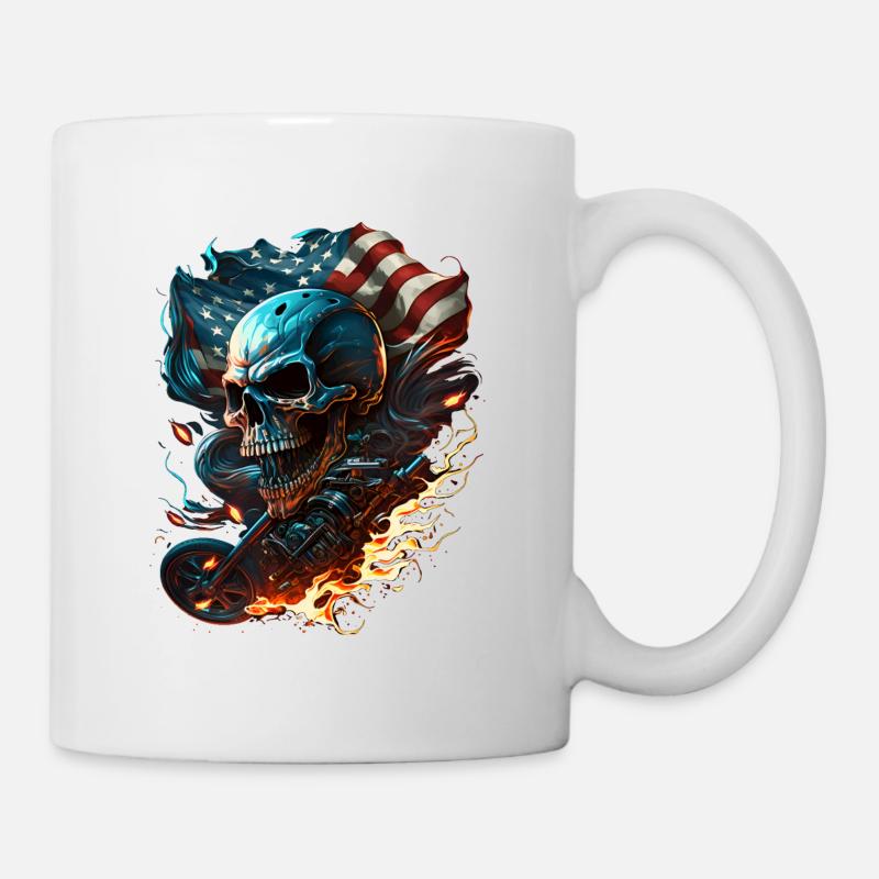 Skull on the American flag, fiery motorcycle. - Mug - white