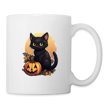 Chat noir d’Halloween en feuillage avec citrouille - Mug blanc - blanc - Droite