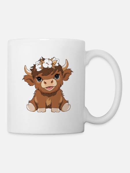 Cute baby highland cow with a flower wreath - Mug - white