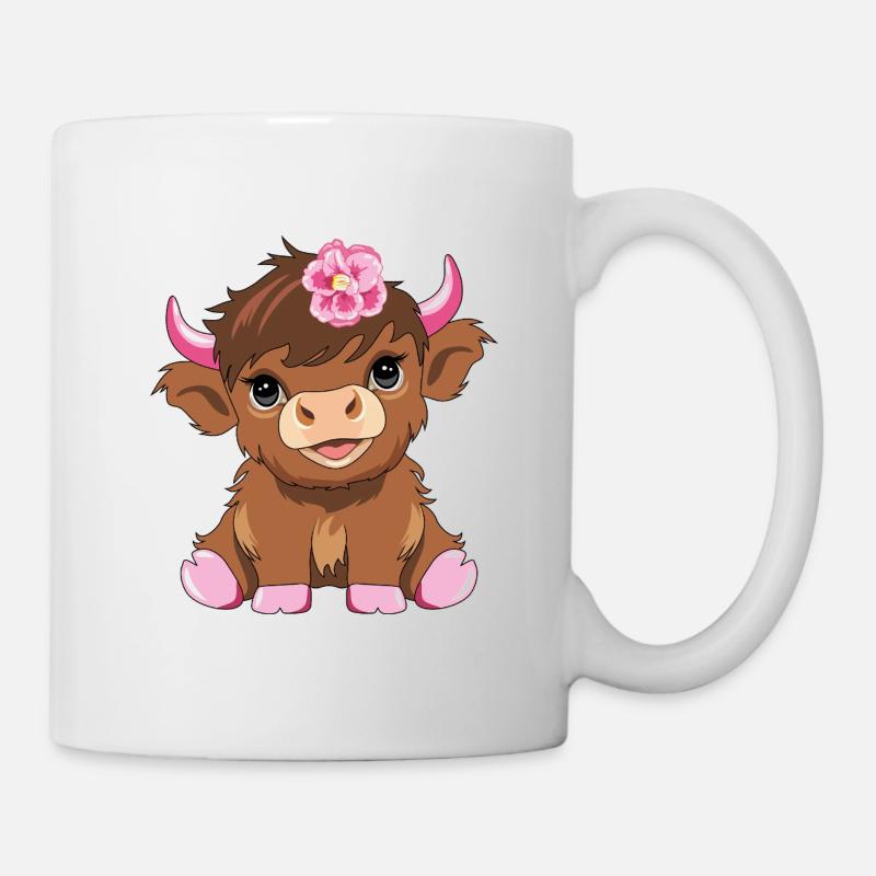 Mignon bébé vache des hautes terres avec une fleur rose - Mug blanc - blanc