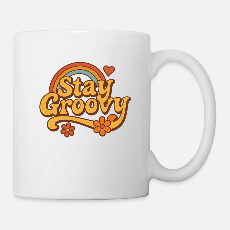 Stay Groovy – Retro Vibes mit Regenbogen & Blumen - Tasse - Weiß