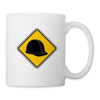 Sign with helmet for construction workers - Mug - white - Right