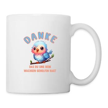 Danke das du uns beim Wachsen geholfen hast! Spatz - Tasse - Weiß - Rechts