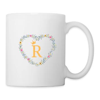 R, Monogramm, Blumen, Herz, Krone - Tasse - Weiß - Rechts