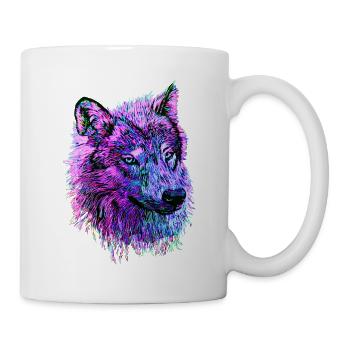 Neon Wolfskopf pink/lila/blau in Seitenansicht - Tasse - Weiß - Rechts