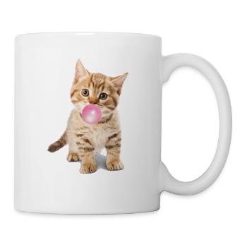 Cute cat is blowing pink bubblegum - Mug - white - Right