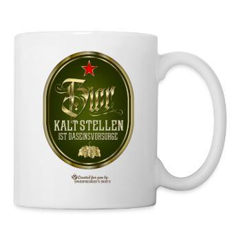 Spruch Bier kalt stellen ist Daseinsvorsorge - Tasse - Weiß - Rechts