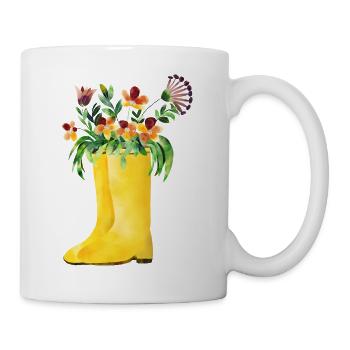 Yellow gardener rubber boots with colorful flowers - Mug - white - Right