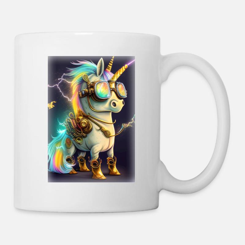 Einhorn im Steampunk Cyborg Style mit Neonlichtern - Tasse - Weiß