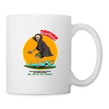 Skeleton play surfboard on holiday scary cartoon - Tasse - Weiß - Rechts