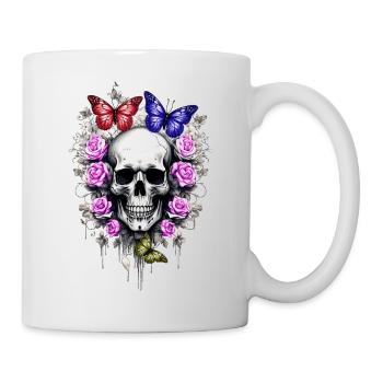 Totenkopf mit Rosen und Schmetterlingen farbig - Tasse - Weiß - Rechts