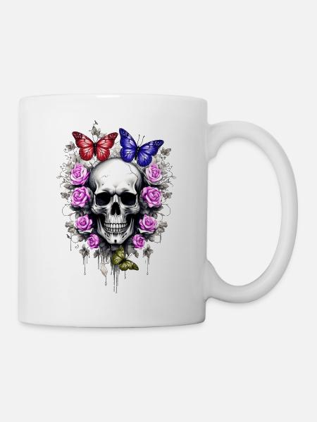 Totenkopf mit Rosen und Schmetterlingen farbig - Tasse - Weiß