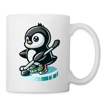 Pinguin Eishockeyspieler mit Puck und - Tasse - Weiß - Rechts