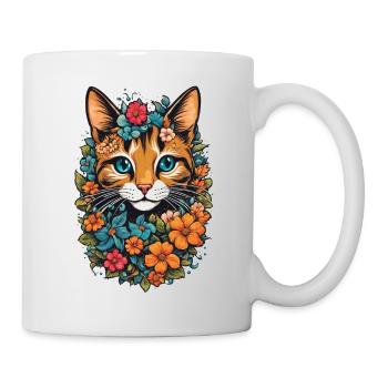 Katze und Blume Aquarell - Tasse - Weiß - Rechts