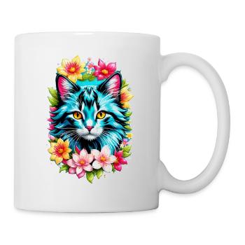 Katze und Blume Aquarell - Tasse - Weiß - Rechts