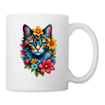Katze und Blume Aquarell - Tasse - Weiß - Rechts