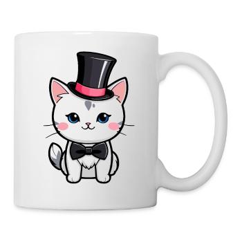 Weiße Katze mit Hut und Fliege - Tasse - Weiß - Rechts