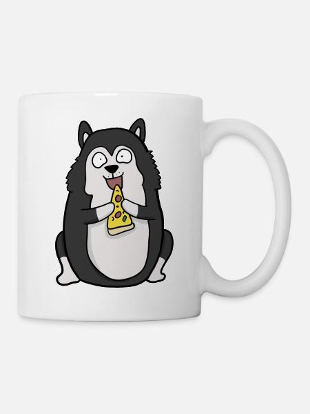 Fat Husky Dog Eating Pizza Funny Comic Style - Mug - white