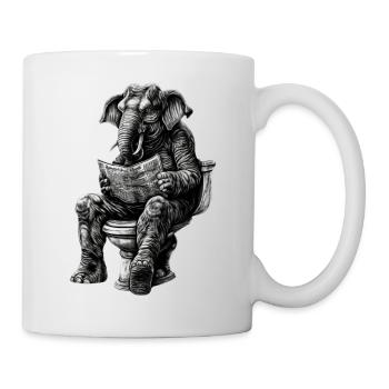 Elefant auf Toilette mit Zeitung – Schwarz-Weiß - Tasse - Weiß - Rechts