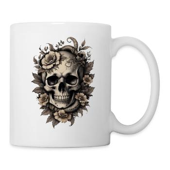 Vintage Sepia Totenkopf Schädel Original Blumen - Tasse - Weiß - Rechts