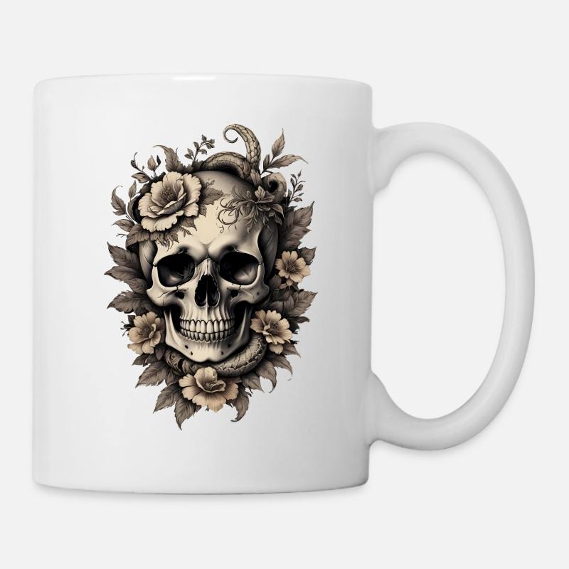 Tête de mort skull vintage sépia originale fleurs - Mug blanc - blanc