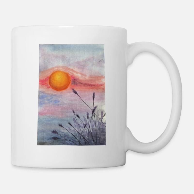 coucher de soleil sur prairie fleurs sauvages herbe blé - Mug blanc - blanc