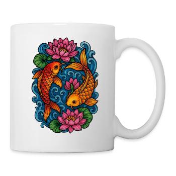 Koi-Fische und Lotus-Wasserszene - Tasse - Weiß - Rechts