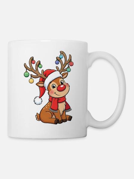 Süßes Weihnachtsrentier mit Deko und Mütze - Tasse - Weiß