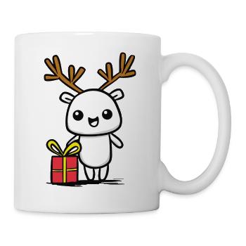 Kuscheliges Rentier mit Geschenk - Tasse - Weiß - Rechts